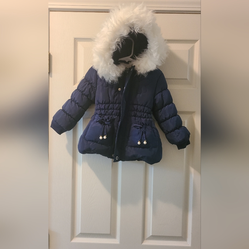 SHEIN Navy Blue Kids Puffer Jacket with White Fur Hood